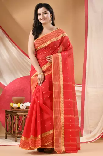 Women's tant cotton kolkini saree for women red without blouse