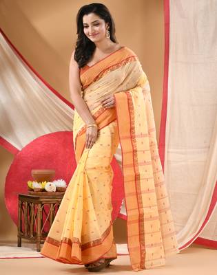 Women's tant cotton kolkini saree for women white red without blouse 3