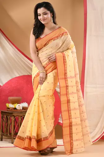 Women's tant cotton kolkini saree for women white red without blouse