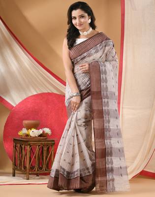 Women's tant cotton saree pearl design for woman brown without blouse 4