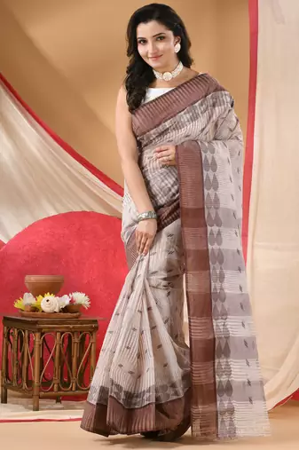 Women's tant cotton saree pearl design for woman brown without blouse