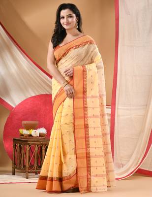 Women's tant cotton kolkini saree for women white red without blouse 4