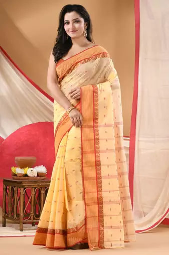 Women's tant cotton kolkini saree for women white red without blouse