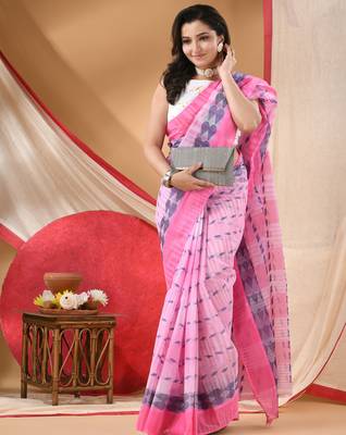 Women's tant cotton saree pearl design for woman pink without blouse 2