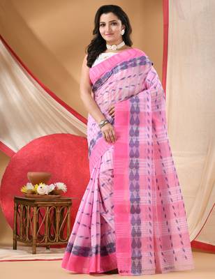 Women's tant cotton saree pearl design for woman pink without blouse 3