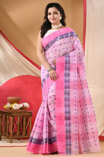 Women's tant cotton saree pearl design for woman pink without blouse