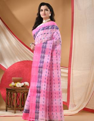 Women's tant cotton saree pearl design for woman pink without blouse 4
