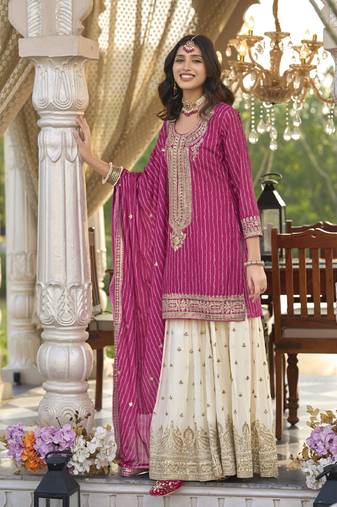 new stylish pink chinon sharara suit for women wedding wear