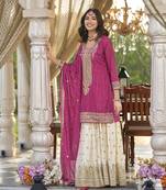 new stylish pink chinon sharara suit for women wedding wear