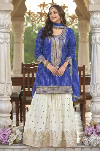 new stylish blue chinon sharara suit for women wedding wear