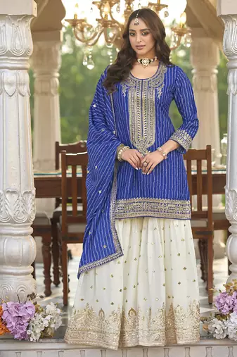 new stylish blue chinon sharara suit for women