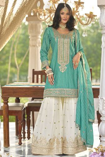 new stylish aqua blue chinon sharara suit for women wedding wear