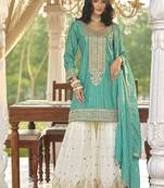 new stylish aqua blue chinon sharara suit for women wedding wear