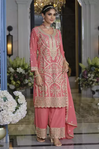 pakistani style chinon based long straight suit for women festival wear pink