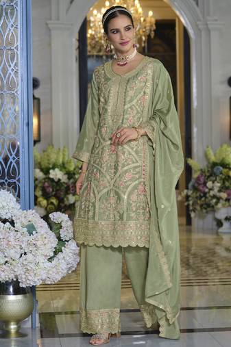 pakistani style chinon based long straight suit for women festival wear pista green