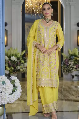 pakistani style chinon based long straight suit for women festival wear yellow