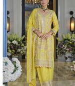 pakistani style chinon based long straight suit for women festival wear yellow