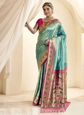 sky blue & pink paithani silk blend zari weaving with tussel  wedding wear saree 1