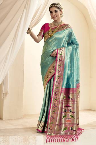 sky blue & pink paithani silk blend zari weaving with tussel  wedding wear saree