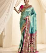 sky blue & pink paithani silk blend zari weaving with tussel  wedding wear saree