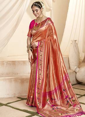 peach & pink paithani silk blend zari weaving with tussel  wedding wear saree 1