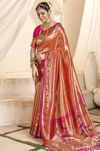 peach & pink paithani silk blend zari weaving with tussel  wedding wear saree