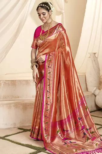 peach & pink paithani silk blend zari weaving with tussel  wedding wear saree
