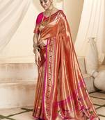 peach & pink paithani silk blend zari weaving with tussel  wedding wear saree