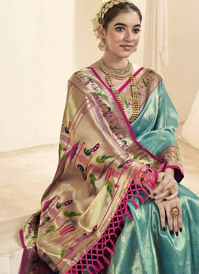 sky blue & pink paithani silk blend zari weaving with tussel  wedding wear saree 2