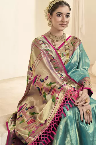 sky blue & pink paithani silk blend zari weaving with tussel  wedding wear saree
