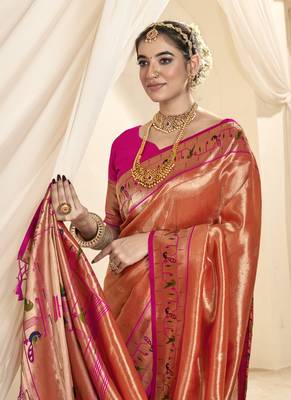 peach & pink paithani silk blend zari weaving with tussel  wedding wear saree 2