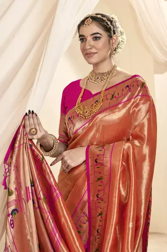 peach & pink paithani silk blend zari weaving with tussel  wedding wear saree