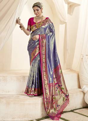 lavender & pink paithani silk blend zari weaving with tussel  wedding wear saree 1