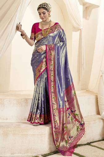 lavender & pink paithani silk blend zari weaving with tussel  wedding wear saree