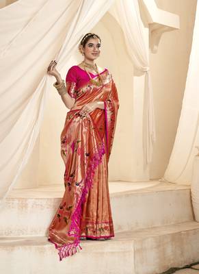 peach & pink paithani silk blend zari weaving with tussel  wedding wear saree 3
