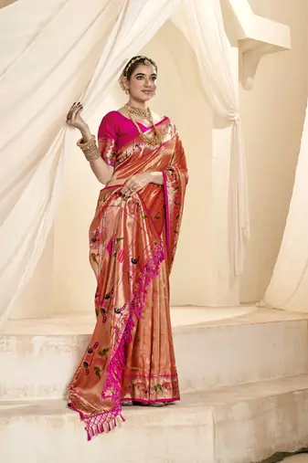 peach & pink paithani silk blend zari weaving with tussel  wedding wear saree