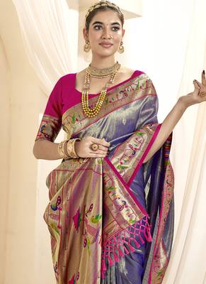 lavender & pink paithani silk blend zari weaving with tussel  wedding wear saree 2