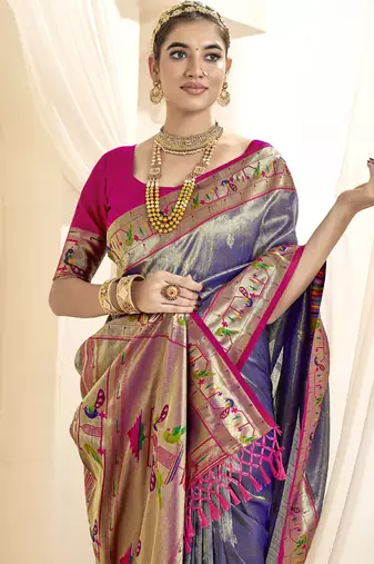 lavender & pink paithani silk blend zari weaving with tussel  wedding wear saree