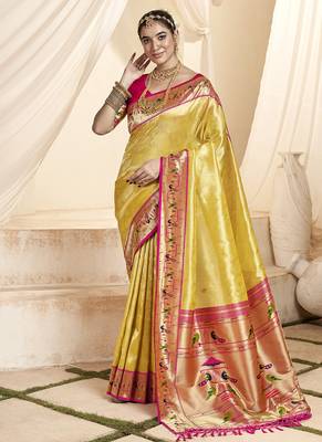 cream & pink paithani silk blend zari weaving with tussel  wedding wear saree 1