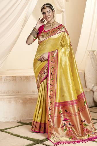 cream & pink paithani silk blend zari weaving with tussel  wedding wear saree