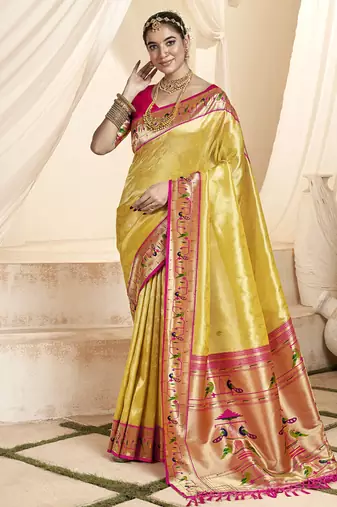 cream & pink paithani silk blend zari weaving with tussel  wedding wear saree