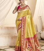 cream & pink paithani silk blend zari weaving with tussel  wedding wear saree