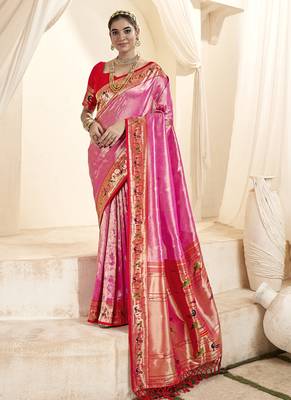 pink & red tissue paithani silk blend zari weaving with tussel  wedding wear saree 1