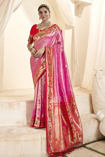 pink & red tissue paithani silk blend zari weaving with tussel  wedding wear saree