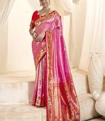 pink & red tissue paithani silk blend zari weaving with tussel  wedding wear saree