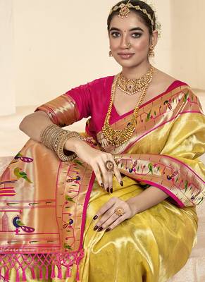 cream & pink paithani silk blend zari weaving with tussel  wedding wear saree 2
