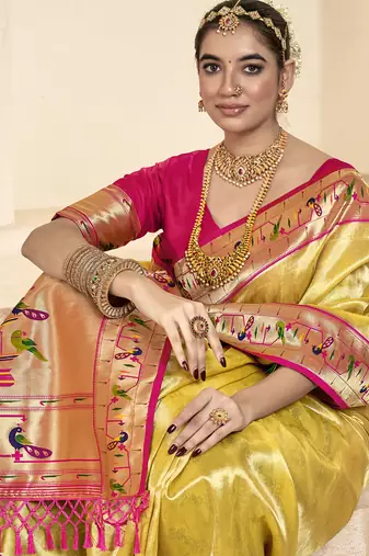 cream & pink paithani silk blend zari weaving with tussel  wedding wear saree