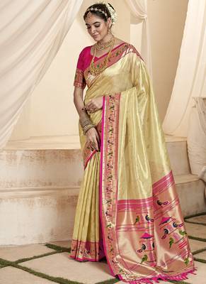 baige & pink tissue paithani silk blend zari weaving with tussel  wedding wear saree 1