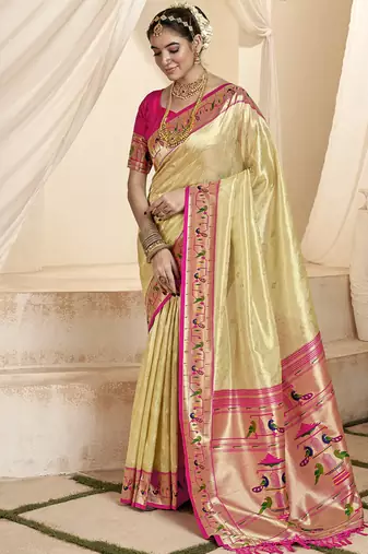 baige & pink tissue paithani silk blend zari weaving with tussel  wedding wear saree
