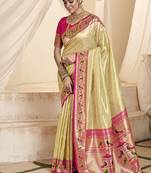 baige & pink tissue paithani silk blend zari weaving with tussel  wedding wear saree